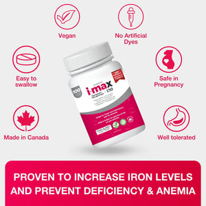 Pharmaris i-max Iron Supplement  150 mg – Gentle Polysaccharide Iron with Vitamin C & B12