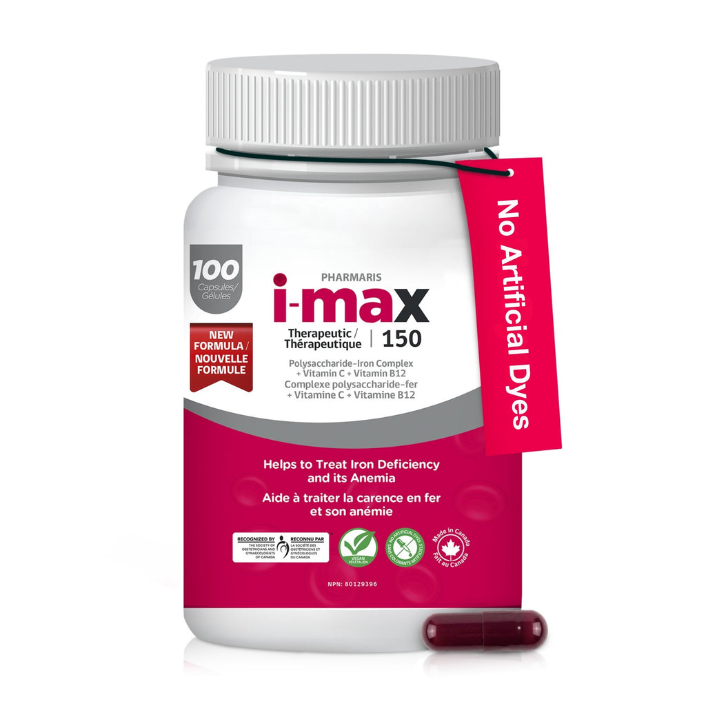 Pharmaris i-max Iron Supplement  150 mg –  Easy Polysaccharide Iron with Vitamin C & B12 – 100 Tablets