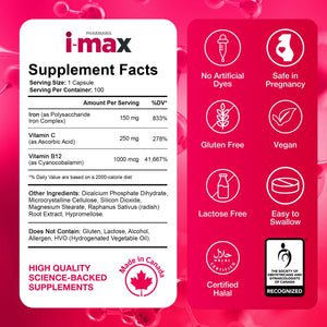 Pharmaris i-max Iron Supplement  150 mg – Gentle Polysaccharide Iron with Vitamin C & B12