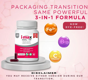 Pharmaris i-max Iron Supplement  150 mg –  Easy Polysaccharide Iron with Vitamin C & B12 – 100 Tablets