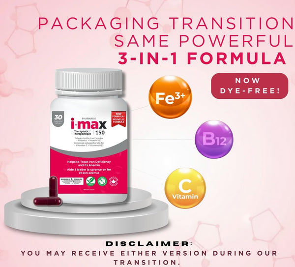 Pharmaris i-max Iron Supplement  150 mg –  Easy Polysaccharide Iron with Vitamin C & B12 – 100 Tablets