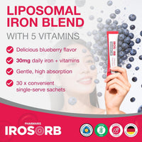 Pharmaris IROSORB Liposomal Iron, 30mg Elemental Iron + 5 Vitamins, Enhanced Absorption, Gentle on Stomach, Blueberry Flavor,30 Sachets