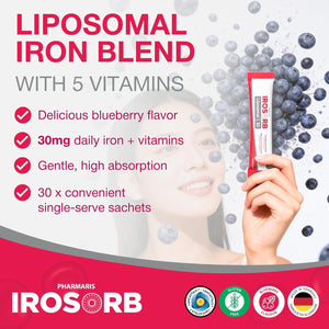 Pharmaris IROSORB Liposomal Iron, 30mg Elemental Iron + 5 Vitamins, Enhanced Absorption, Gentle on Stomach, Blueberry Flavor,30 Sachets