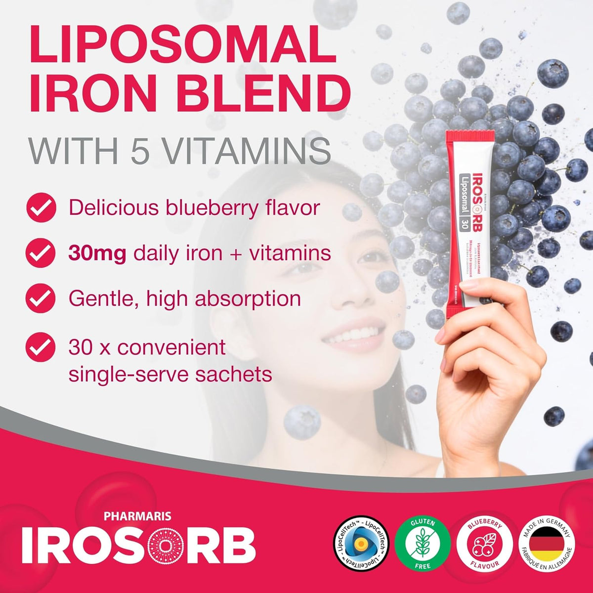 Pharmaris IROSORB Liposomal Iron, 30mg Elemental Iron + 5 Vitamins (30 Sachets)