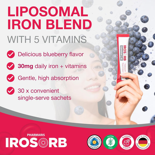 Pharmaris IROSORB Liposomal Iron, 30mg Elemental Iron + 5 Vitamins, Enhanced Absorption, Gentle on Stomach, Blueberry Flavor,30 Sachets