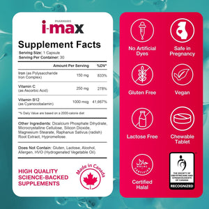 i-max Maintenance Iron, 45mg Polysaccharide-Iron Complex + Vitamin C & B12, No Artificial Dyes or Sugar, 100 Chewable Tablets