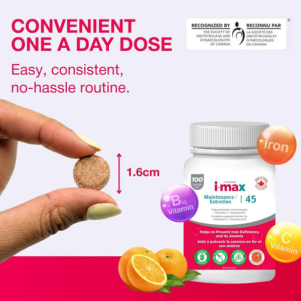 i-max Maintenance Iron, 45mg Polysaccharide-Iron Complex + Vitamin C & B12, No Artificial Dyes or Sugar, 100 Chewable Tablets