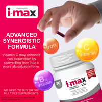 Pharmaris i-max Iron Supplement  150 mg – Polysaccharide Iron with Vitamin C & B12