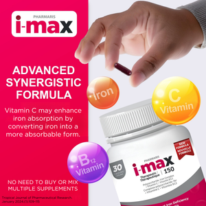 Pharmaris i-max Iron Supplement  150 mg – Polysaccharide Iron with Vitamin C & B12