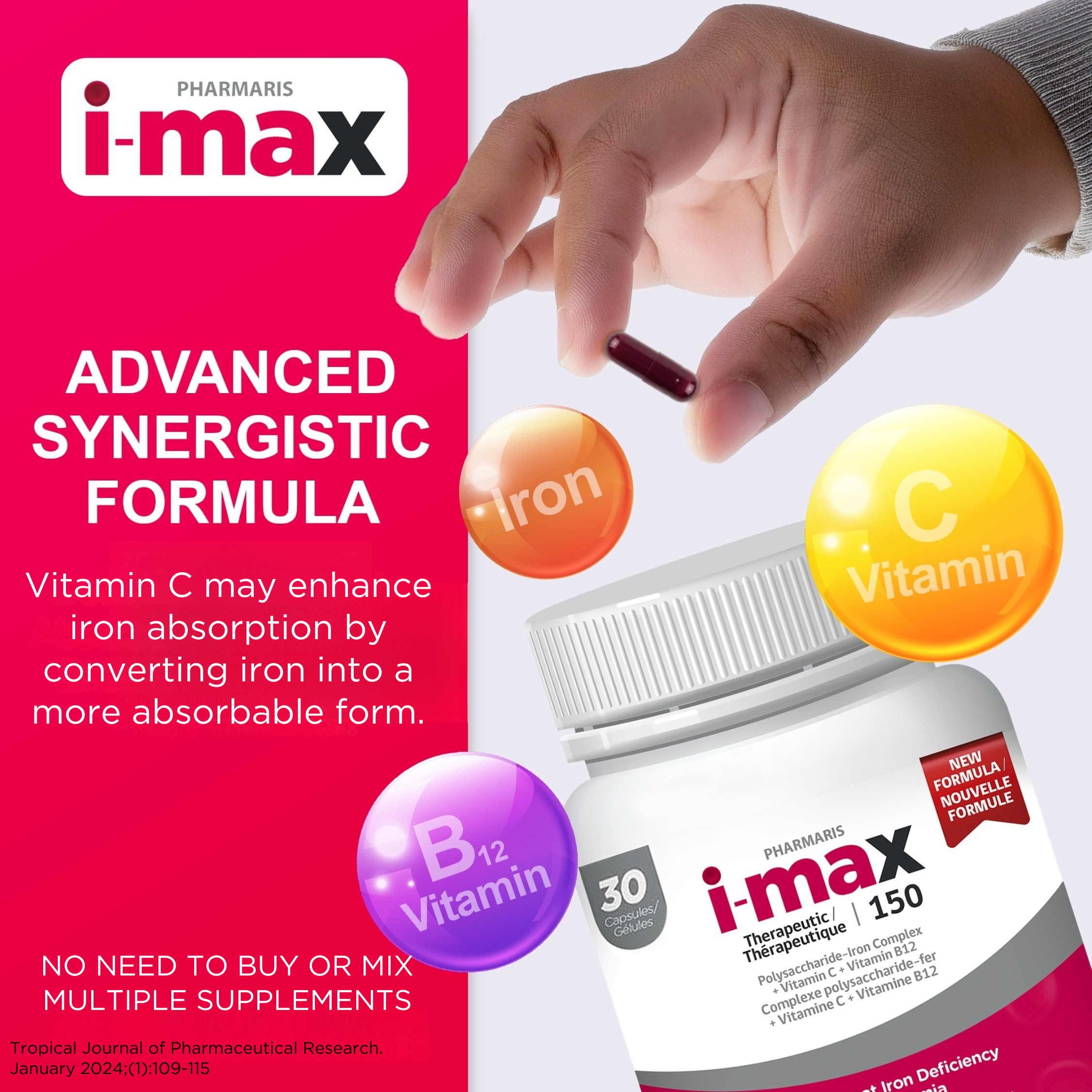 Pharmaris i-max Iron Supplement  150 mg – Polysaccharide Iron with Vitamin C & B12