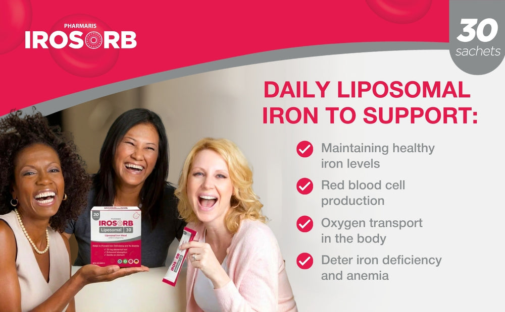 Pharmaris IROSORB Liposomal Iron, 30mg Elemental Iron + 5 Vitamins, Enhanced Absorption, Gentle on Stomach, Blueberry Flavor,30 Sachets