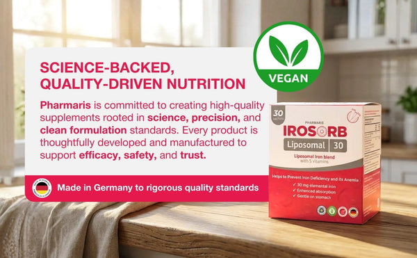 Pharmaris IROSORB Liposomal Iron, 30mg Elemental Iron + 5 Vitamins, Enhanced Absorption, Gentle on Stomach, Blueberry Flavor,30 Sachets
