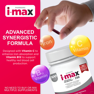 Pharmaris i-max Iron Supplement  150 mg –  Easy Polysaccharide Iron with Vitamin C & B12 – 100 Tablets