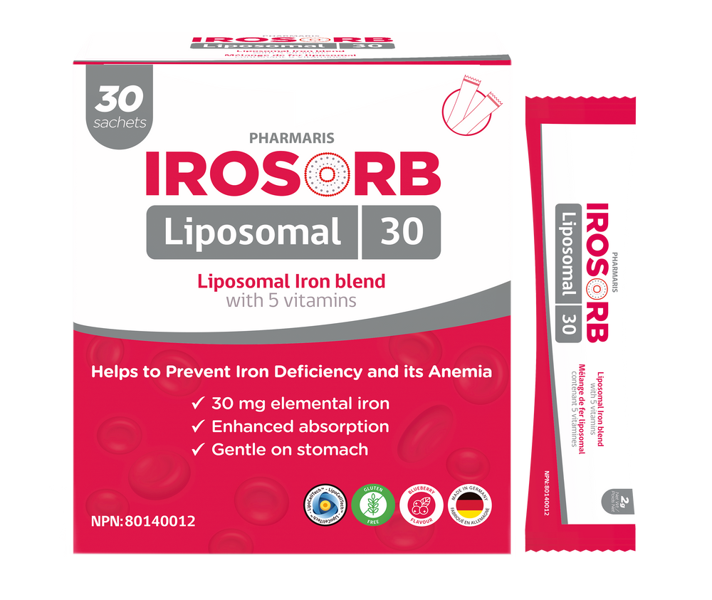 Pharmaris IROSORB Liposomal Iron, 30mg Elemental Iron + 5 Vitamins, Enhanced Absorption, Gentle on Stomach, Blueberry Flavor,30 Sachets