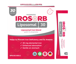 Pharmaris IROSORB Liposomal Iron, 30mg Elemental Iron + 5 Vitamins, Enhanced Absorption, Gentle on Stomach, Blueberry Flavor,30 Sachets