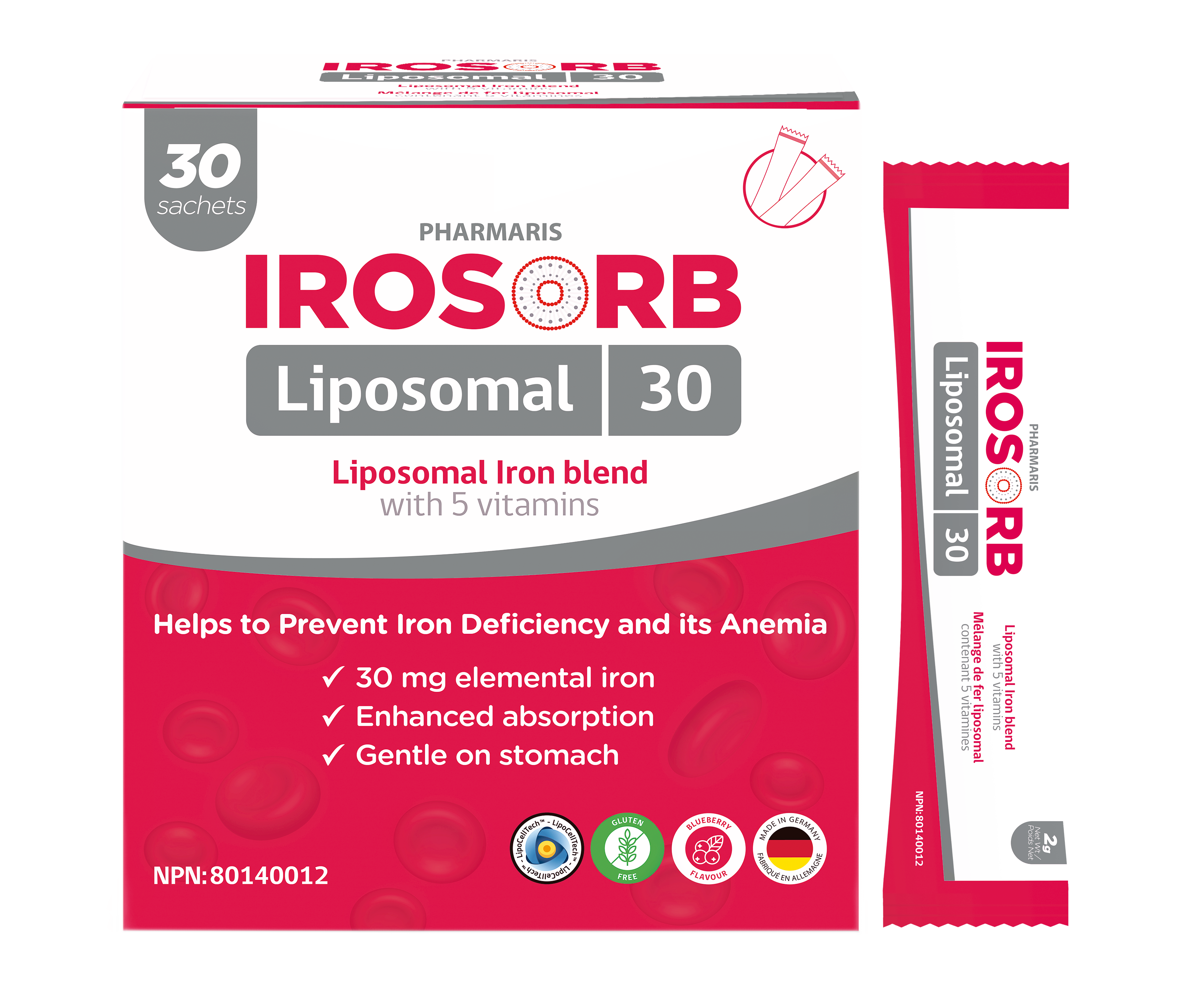 Pharmaris IROSORB Liposomal Iron, 30mg Elemental Iron + 5 Vitamins (30 Sachets)