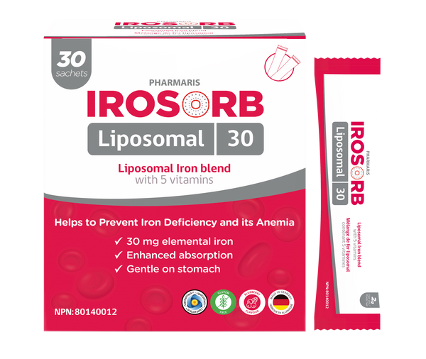 Pharmaris IROSORB Liposomal Iron, 30mg Elemental Iron + 5 Vitamins, Enhanced Absorption, Gentle on Stomach, Blueberry Flavor,30 Sachets