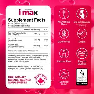 Pharmaris i-max Iron Supplement  150 mg –  Easy Polysaccharide Iron with Vitamin C & B12 – 100 Tablets