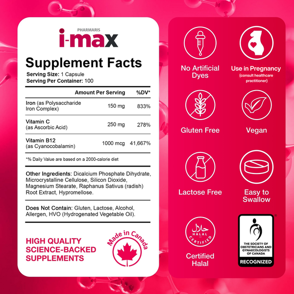Pharmaris i-max Iron Supplement  150 mg –  Easy Polysaccharide Iron with Vitamin C & B12 – 100 Tablets