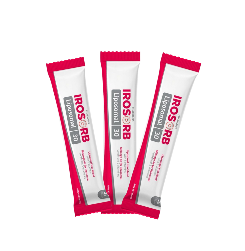 Pharmaris IROSORB Fer Liposomal, 30 mg de Fer Élémentaire + 5 Vitamines, Absorption Améliorée, Doux pour l'Estomac, Saveur Myrtille, 30 Sachets