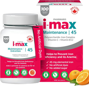 i-max Fer d'entretien, complexe de fer et de polysaccharides 45 mg + vitamines C et B12, sans colorants ni sucres artificiels, 100 comprimés à croquer