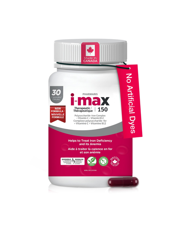 Pharmaris i-max Iron Supplement  150 mg – Polysaccharide Iron with Vitamin C & B12 – 30 Tablets