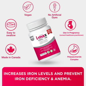 Pharmaris i-max Iron Supplement  150 mg –  Easy Polysaccharide Iron with Vitamin C & B12 – 100 Tablets