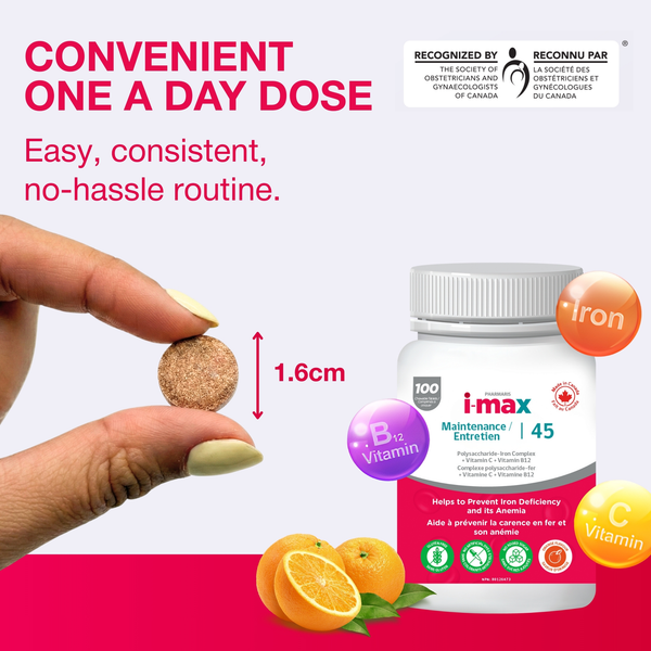 i-max Fer d'entretien, complexe de fer et de polysaccharides 45 mg + vitamines C et B12, sans colorants ni sucres artificiels, 100 comprimés à croquer