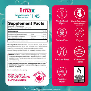 i-max Fer d'entretien, complexe de fer et de polysaccharides 45 mg + vitamines C et B12, sans colorants ni sucres artificiels, 100 comprimés à croquer