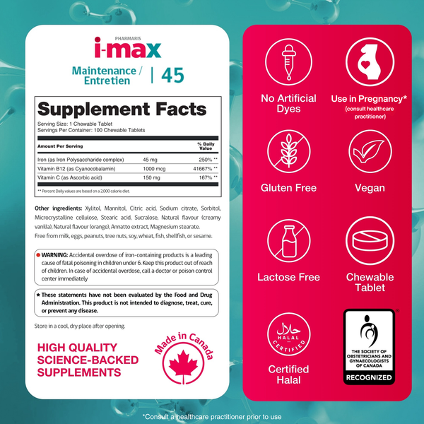 i-max Fer d'entretien, complexe de fer et de polysaccharides 45 mg + vitamines C et B12, sans colorants ni sucres artificiels, 100 comprimés à croquer